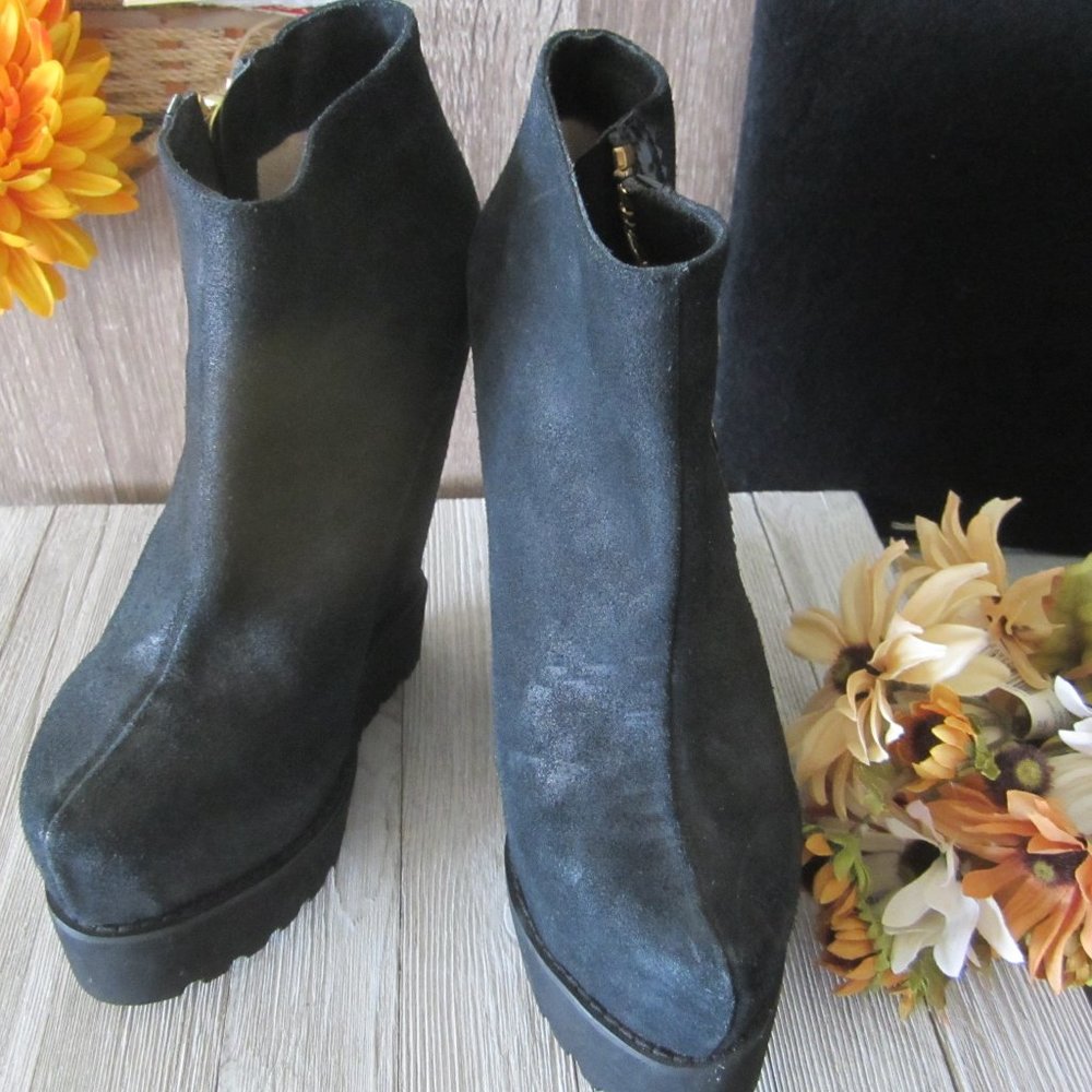 NWOT SENSO DIFFUSION Black Waxed Leather "ZIA" Platform Ankle Boots - Sz7